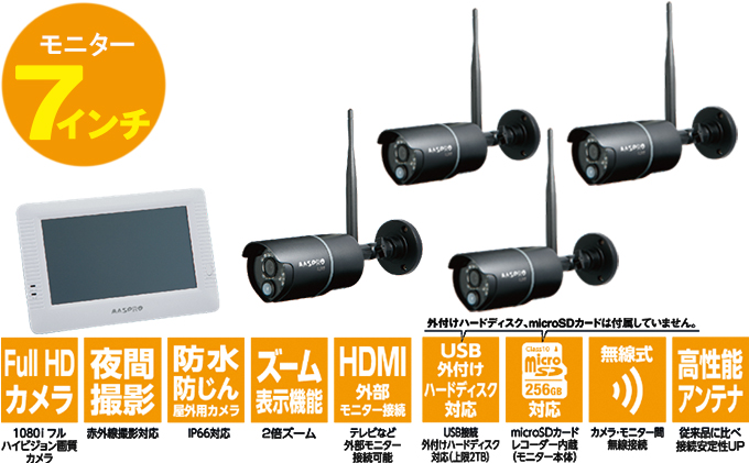 防犯カメラ 7インチモニター ワイヤレスhdカメラ 屋外用4台 セット 愛知県日進市 セゾンのふるさと納税